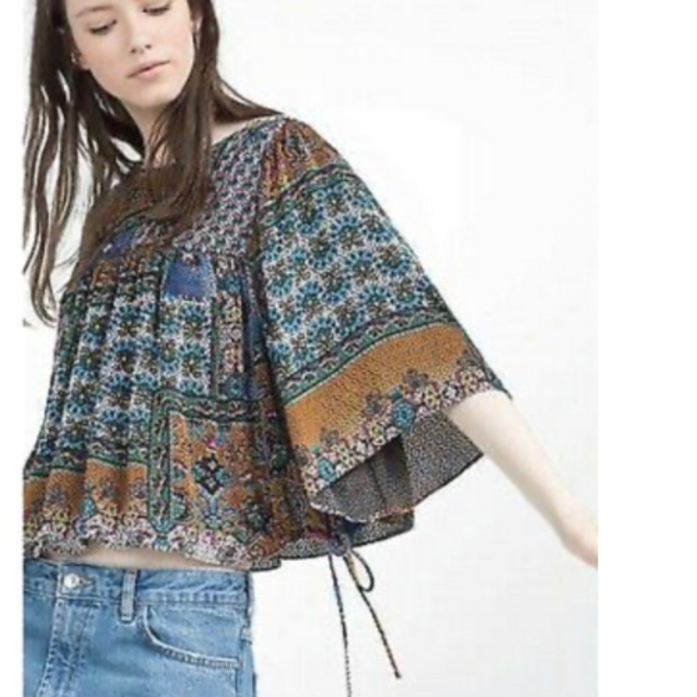 NWT Zara Trafaluc Bell Sleeve Boho Blouse Top Sz M